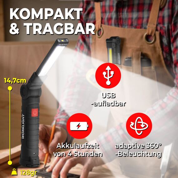 Werkstattlampe LED Akku im 2er Set – magnetische Arbeitsleuchte mit Haken, 350 lm, 360° drehbar, klappbar, USB-C, bis zu 4 Std., wasserdicht, für KFZ, Werkstatt, Camping & Notfall