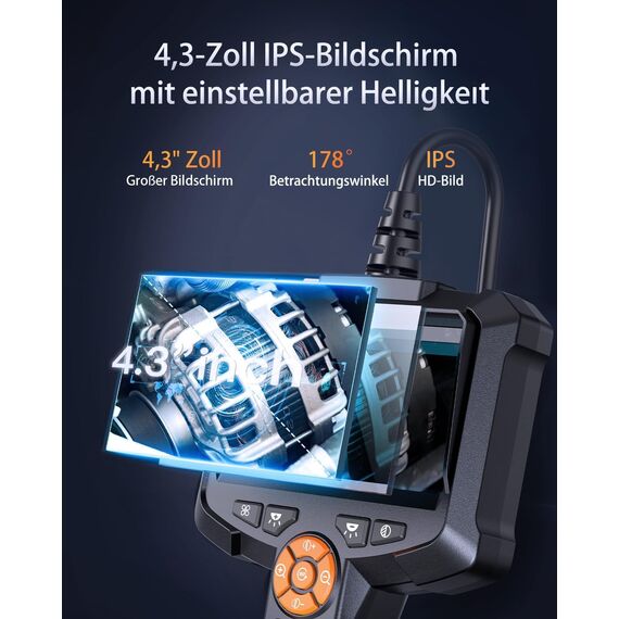 Endoskopkamera mit Licht, AOPICK 4.3" IPS Bildschirm Endoskop mit 10M Halbstarres Kabel, 8mm IP67 wasserdichte Industrielles Inspektionskamera, 1080P HD Rohrkamera mit 8 einstellbaren LEDs