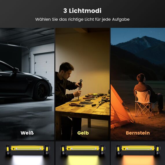 Arbeitsleuchte 3000LM, Werkstattlampe led, Motorraumleuchte mit Magnet＆Haken, 3 farbtemperaturmodi, 5200mAh USB-C-Schnellladen Geeignet für Autoreparatur/Camping/Garagenplatzbeleuchtung