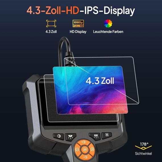 Endoskopkamera mit Licht, AOPICK 8mm IP67 wasserdichte Endoskop, 4.3" IPS Bildschirm Inspektionskamera, 1080P HD Rohrkamera mit 8 Einstellbaren LEDs, 16.5FT/5M Halbstarres Kabel, Werkzeug für Männer