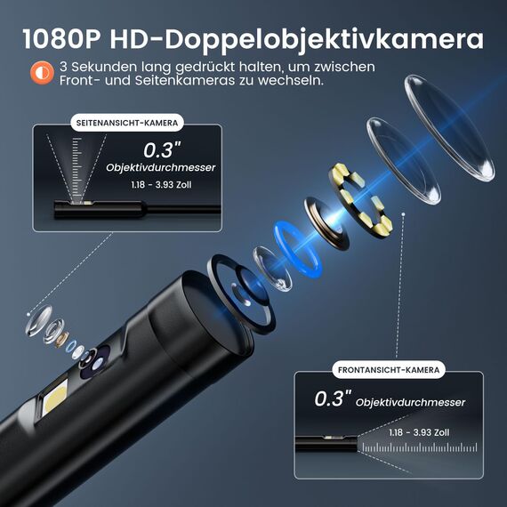 HSSNS Dual Lens Endoskopkamera 5m, Werkstatt Endoskop mit 4.3-Zoll-IPS- Bildschirm, 8mm IP67 wasserdichte Inspektionskamera, 1080P HD Endoskope Kamera, Rohrkamera, Kanalkamera, 2600mAh Batterie