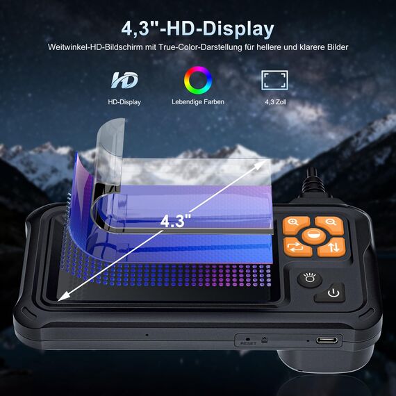 SKYBASIC Industrie-Endoskop, 4,3-Zoll IPS Digitales Endoskopkamera,1080P HD Kamera mit 8 LED-Lichtern, IP67 wasserdichtes Schlangenkamera, Inspektionskamera für Rohre, Autos, Wände, Bohrungen –20M