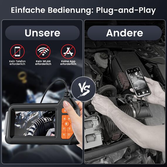 HSSNS Dual Lens Endoskopkamera 5m, Werkstatt Endoskop mit 4.3-Zoll-IPS- Bildschirm, 8mm IP67 wasserdichte Inspektionskamera, 1080P HD Endoskope Kamera, Rohrkamera, Kanalkamera, 2600mAh Batterie