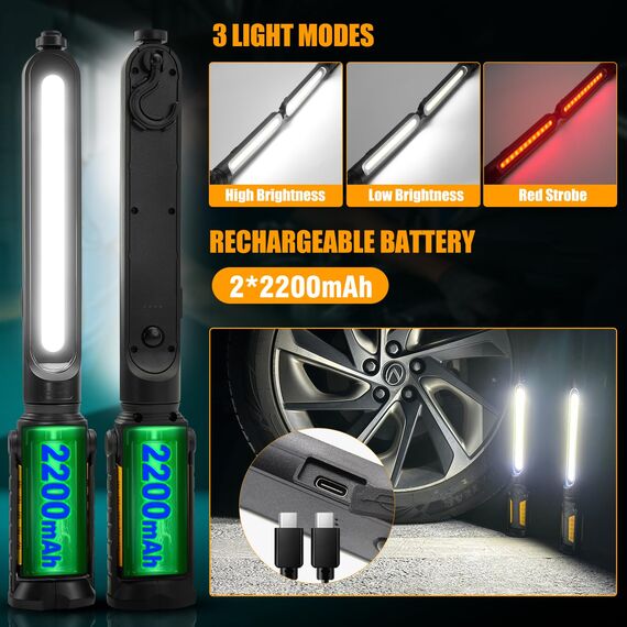 SYLSTAR Werkstattlampe LED mit Sensorsteuerung, 2400LM Motorraumleuchte mit 3 Helligkeitsmodi, 4400mAh LED Arbeitsleuchte mit Magnet und Haken, für Werkstatt,Autoreparatur,Garage,Camping und Notfälle