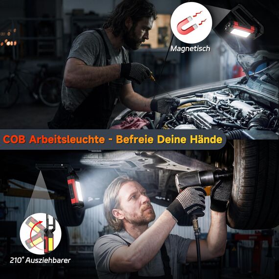 Daphomeu LED Werkstattlampe 2 Stück, Ultrahelle COB Arbeitsleuchte & LED Taschenlampe, Rotem Notlicht mit Drehbar Magnetfuß, Wiederaufladbar Inspektionslampe für Autoreparaturen, Werkstatt und Camping