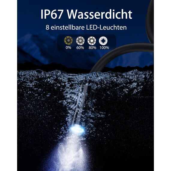 Endoskopkamera mit Licht, AOPICK 4.3" IPS Bildschirm Endoskop mit 20M Halbstarres Kabel, 8mm IP67 wasserdichte Industrielles Inspektionskamera, 1080P HD Rohrkamera mit 8 einstellbaren LEDs
