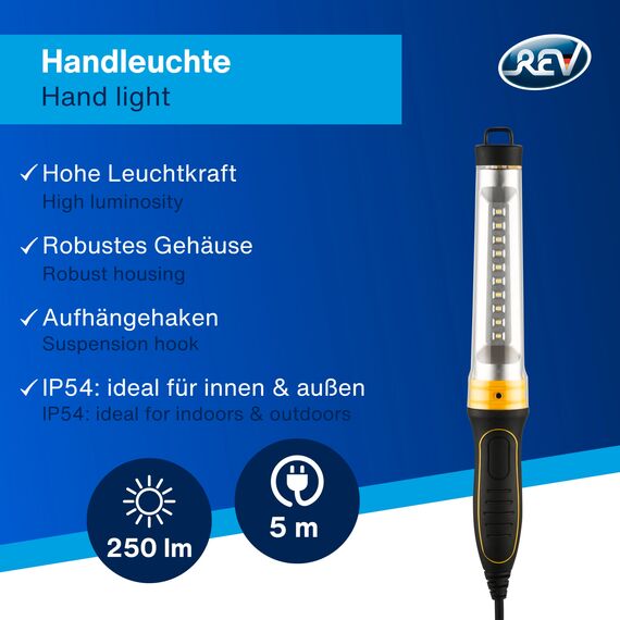 REV Handlampe - Werkstattlampe mit Aufhängehaken, 5m Kabel - ideal für Werkstatt & KFZ, 6W, 250lm, IP54, schwarz