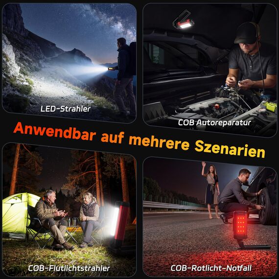 Daphomeu LED Werkstattlampe 2 Stück, Ultrahelle COB Arbeitsleuchte & LED Taschenlampe, Rotem Notlicht mit Drehbar Magnetfuß, Wiederaufladbar Inspektionslampe für Autoreparaturen, Werkstatt und Camping