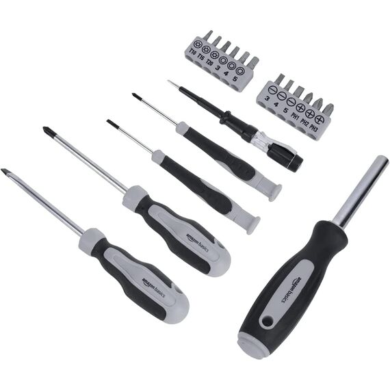 Amazon Basics Werkzeug-Set für den Haushalt, Stahllegierung, 32 Teile, Schwarz / Grau