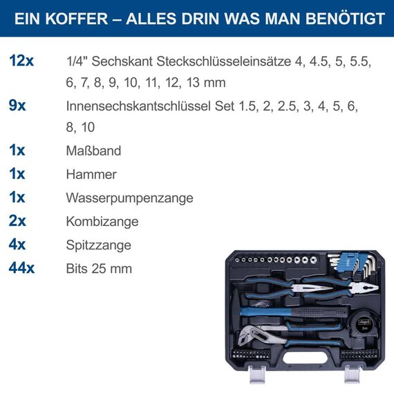 Scheppach Werkzeugkoffer TB90 gefüllt | 88-teiliges Werkzeug-Set | stabiler Transportkoffer | Biteinsätze & Schraubendreher aus hochwertigem Chrom-Vanadium-Stahl | inkl. Hammer, Zangen und vieles mehr