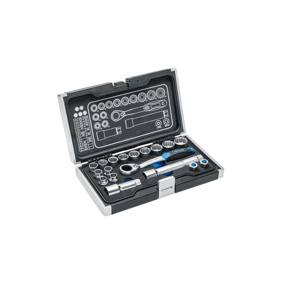 Högert Technik - Werkzeugset 18-tlg Werkzeugkoffer Steckschlüssel und Ausstattungssatz, Cr-V, Verformungsfest, Ratschenmechanik mit 60 Sperrklinken Set für Heimwerker Garage, Haushalt