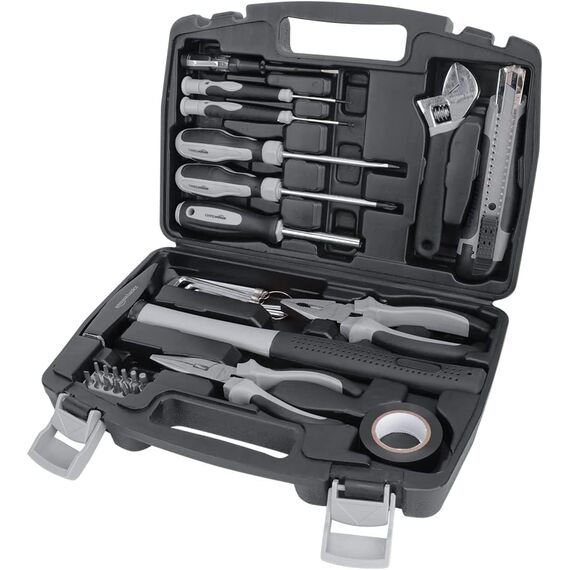 Amazon Basics Werkzeug-Set für den Haushalt, Stahllegierung, 32 Teile, Schwarz / Grau
