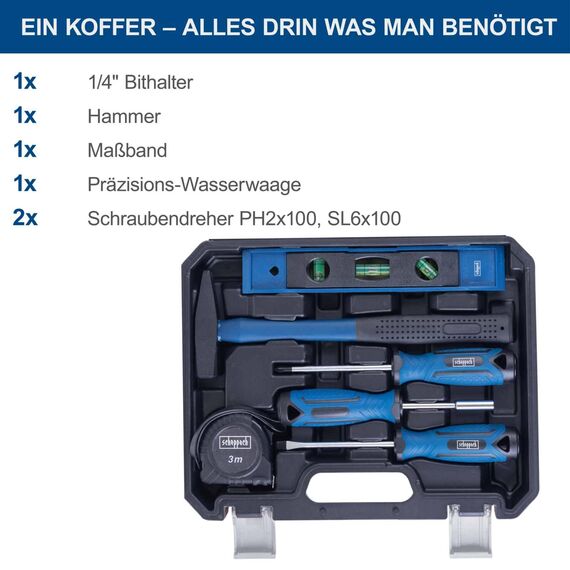 Scheppach Werkzeugkoffer WZK49 gefüllt, 50 teiliges Werkzeug-Set | verstaut in stabilem Kunststoffkoffer | mit Hammer, Maßband, Bits, Messer, Wasserwage und verschiedenen Zangen