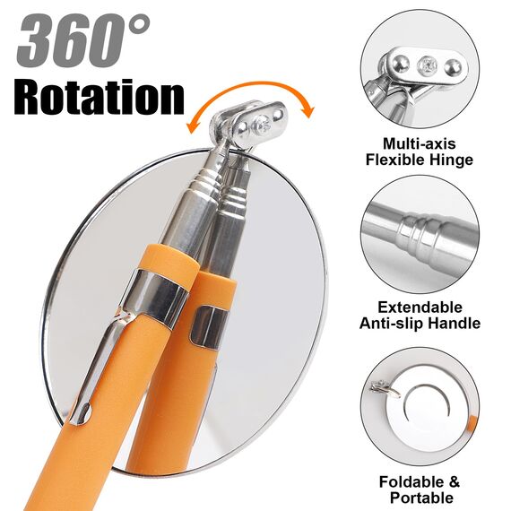 Auto Inspektionsspiegel mit Teleskopgriff Teleskop Spiegel Werkzeug Geocaching Ausrüstung Einziehbar Teleskopspiegel Reparatur Inspektionsspiegel Durchmesser 8cm Edelstahl Reflektorspiegel (Orange)