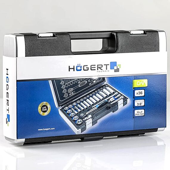 Högert Technik - Werkzeugset 36-tlg Werkzeugkoffer Steckschlüssel, Bits und Zubehör 3/8“ Cr-V, Verformungsfest I Ratschenmechanik mit 72 Sperrklinken Set für Heimwerker Garage, Haushalt