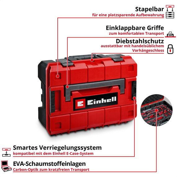 Original Einhell E-Case 78-tlg. Werkzeugkoffer Renovierung (Sanierungen, Bohrer-Set, Bit-Set, Fugenwerkzeug, Zangen, Spachtel, Holzsäge, Rollgabelschlüssel, Wasserwaage, Systemkoffer)