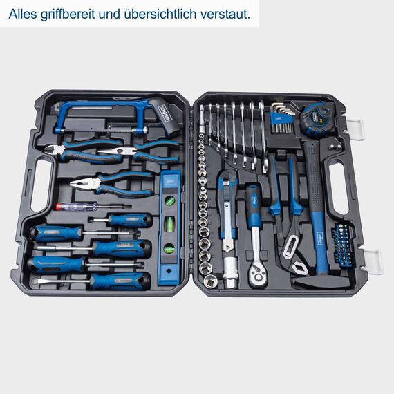 Scheppach Werkzeugkoffer WZK120 | 97-teiliges Werkzeugset in stabilem Kunststoffkoffer | Werkzeuge mit gummiertem Griff | Biteinsätze, Schraubendreher, Sechskant-Steckschlüsseleinsätze uvm.