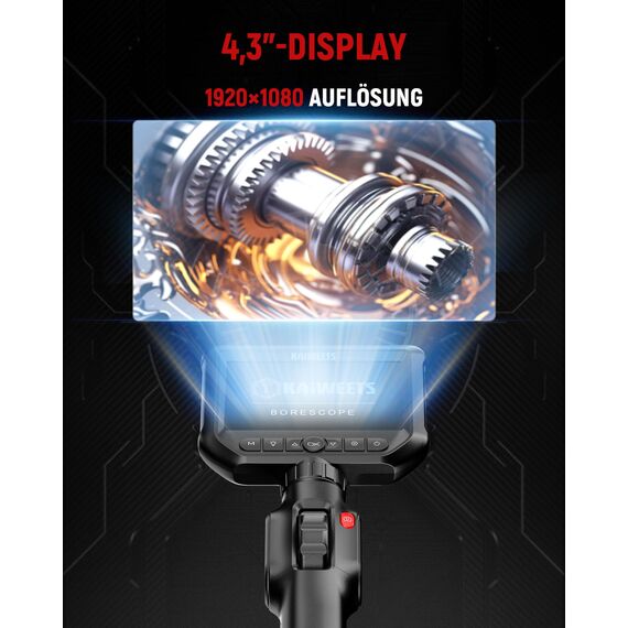KAIWEETS Inspektionskameras Endoskopkamera mit Licht, 4,3''IPS 1080P Endoskop mit Scrollradsteuerung Zwei-Wege 210° Drehung, Flexible Rohrkamera IP67 wasserdichte für Kfz und Rohrinspektion