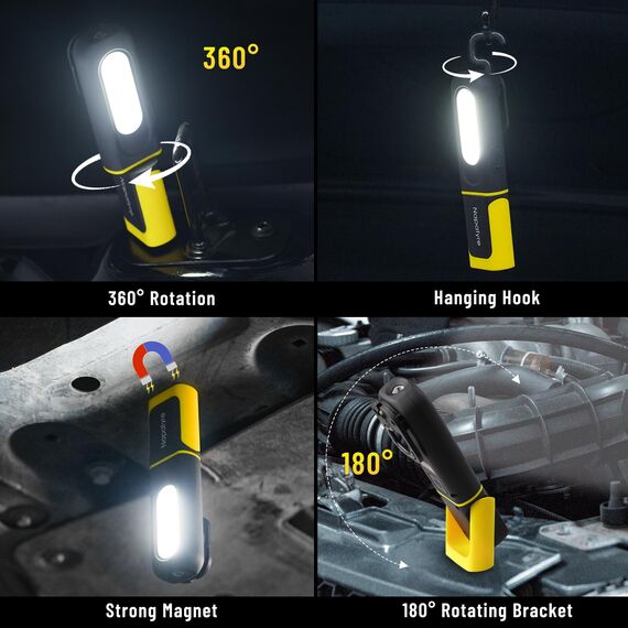 Napatyre Arbeitsleuchte LED Akku, 800LM Werkstattlampe mit Haken und Magnetfuß, 360° Drehbare 3 Lichtmodi Taschenlampe Werkstatt Handlampe für Auto Reparatur Camping Notfall (2 Stück)