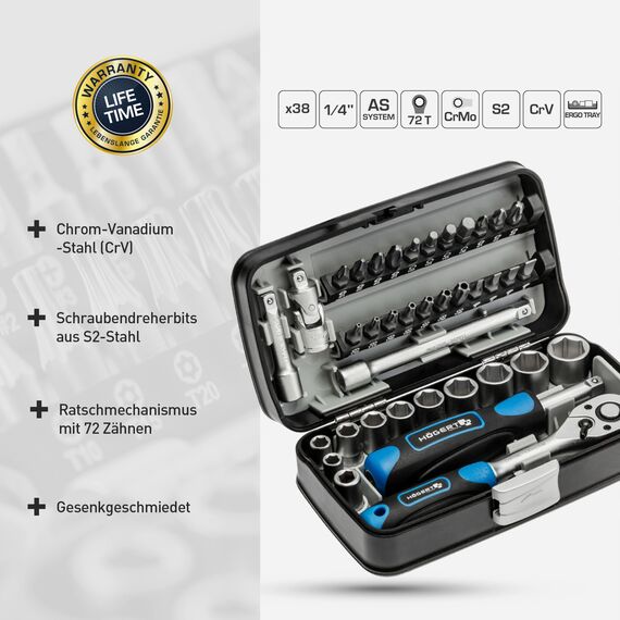 Högert Technik - Werkzeugset 38-tlg Werkzeugkoffer, Ratschenset, Steckschlüsselsatz, Bits, Ausstattung 1/4”, Klein Tragbare Werkzeugkaste Werkzeug Set für Heimwerker Garage, Haushalt