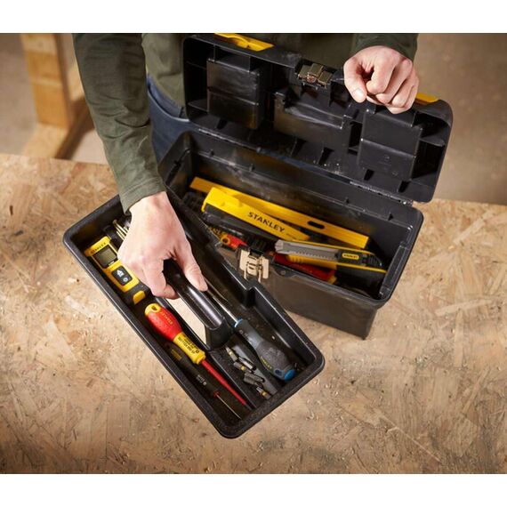 STANLEY Werkzeugkoffer leer/Werkzeugbox Werkzeugkasten - Werkzeugkiste (16 Zoll, mit herausnehmbarer Ablage, zwei Organizern, Metallschließen, Kunststffgroff) 1-92-065