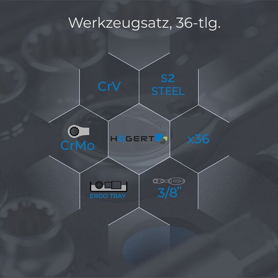 Högert Technik - Werkzeugset 36-tlg Werkzeugkoffer Steckschlüssel, Bits und Zubehör 3/8“ Cr-V, Verformungsfest I Ratschenmechanik mit 72 Sperrklinken Set für Heimwerker Garage, Haushalt
