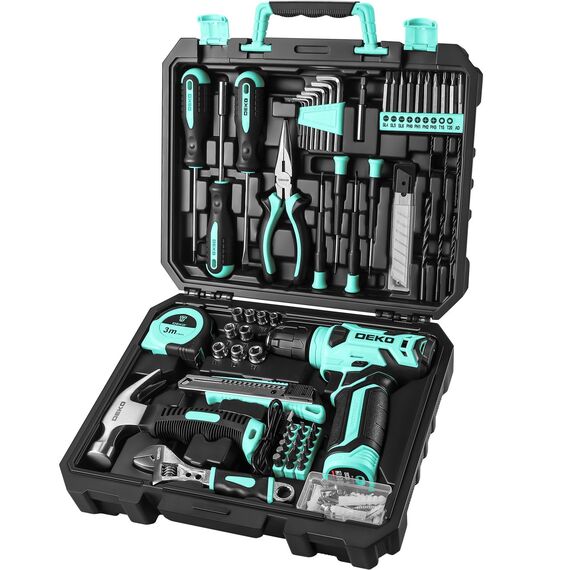 DEKO Werkzeugkasten mit Elektroschrauber/Bohrmaschine mit 8-V-Akku, 126-teiliger Koffer, professionelle Heimwerkerwerkzeug-Box für Büro und Garten, Cyan