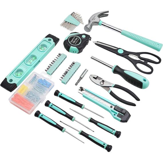 Amazon Basics 142-Teiliges Werkzeugkoffer, Werkzeugset für Haushaltsprojekte, Reparaturen und Heimwerkerarbeiten, Rutschfeste Griffe, 34,0cm x 23,5cm x 7,5cm, Türkis