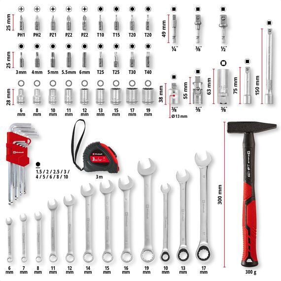 Original Einhell E-CASE 80-tlg. Werkzeugkoffer (Werkzeug-Set im robusten, stapelbaren Kunststoffkoffer als ideale Grundausstattung für den Haushalt, die Werkstatt oder unterwegs)