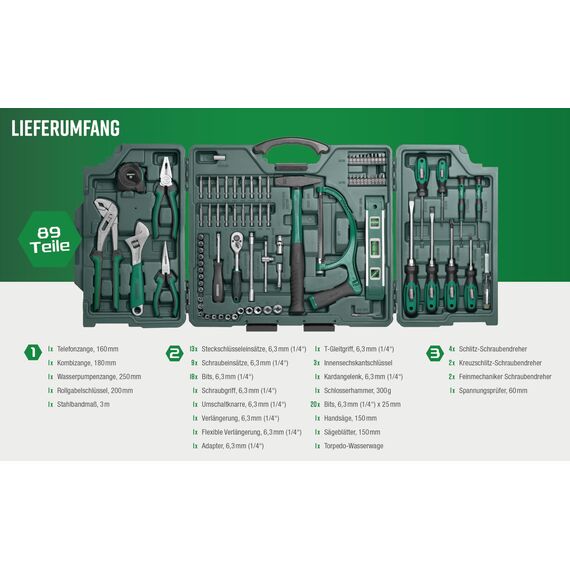 Brüder Mannesmann Haushalts-Werkzeugkoffer, 89-teilig - Universal-Werkzeugset mit Werkzeug aus Chrom-Vanadium-Stahl - inkl. Säge, Hammer, Zangen, Steckschlüssel, Umschaltknarre & Wasserwaage | M29085