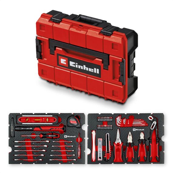Original Einhell E-Case 79-tlg. Werkzeugkoffer Umzug (Schlosserhammer, Zangen, Bit-Zubehör, Abbrechklingenmesser, Maßband, Wasserwaage, Gabel-Ringschlüssel, Systemkoffer)