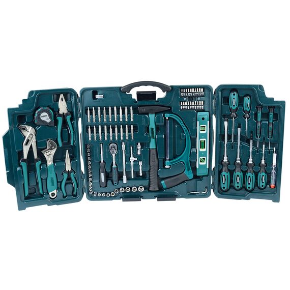 Brüder Mannesmann Haushalts-Werkzeugkoffer, 89-teilig - Universal-Werkzeugset mit Werkzeug aus Chrom-Vanadium-Stahl - inkl. Säge, Hammer, Zangen, Steckschlüssel, Umschaltknarre & Wasserwaage | M29085