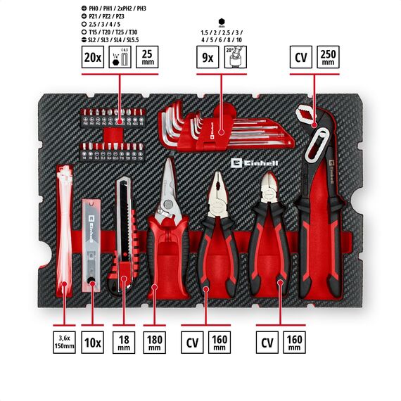 Original Einhell E-Case 79-tlg. Werkzeugkoffer Umzug (Schlosserhammer, Zangen, Bit-Zubehör, Abbrechklingenmesser, Maßband, Wasserwaage, Gabel-Ringschlüssel, Systemkoffer)