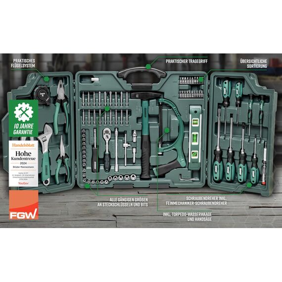 Brüder Mannesmann Haushalts-Werkzeugkoffer, 89-teilig - Universal-Werkzeugset mit Werkzeug aus Chrom-Vanadium-Stahl - inkl. Säge, Hammer, Zangen, Steckschlüssel, Umschaltknarre & Wasserwaage | M29085