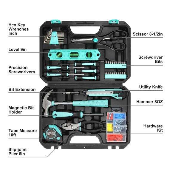 Amazon Basics 142-Teiliges Werkzeugkoffer, Werkzeugset für Haushaltsprojekte, Reparaturen und Heimwerkerarbeiten, Rutschfeste Griffe, 34,0cm x 23,5cm x 7,5cm, Türkis