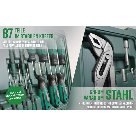 Brüder Mannesmann Werkzeugkoffer, 87-teilig - Werkzeugset mit Werkzeug aus Chrom-Vanadium-Stahl - inkl. Schraubendreher, Zangen, Hammer, Wasserwaage, Stecknüsse & Bits | M29084