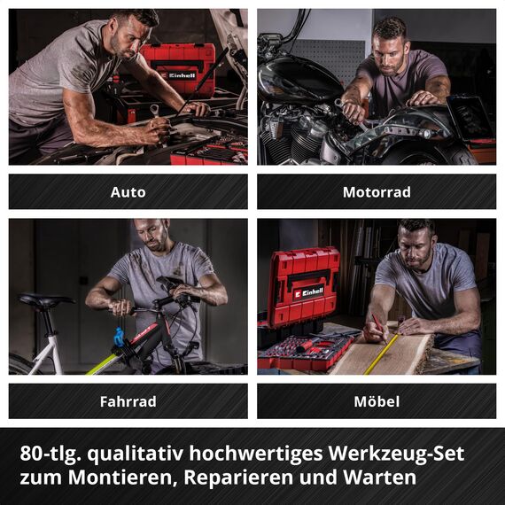 Original Einhell E-CASE 80-tlg. Werkzeugkoffer (Werkzeug-Set im robusten, stapelbaren Kunststoffkoffer als ideale Grundausstattung für den Haushalt, die Werkstatt oder unterwegs)