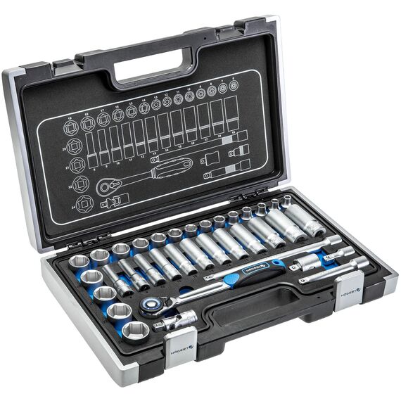Högert Technik - Werkzeugset 36-tlg Werkzeugkoffer Steckschlüssel, Bits und Zubehör 3/8“ Cr-V, Verformungsfest I Ratschenmechanik mit 72 Sperrklinken Set für Heimwerker Garage, Haushalt