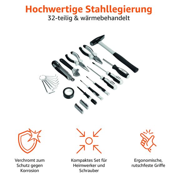 Amazon Basics Werkzeug-Set für den Haushalt, Stahllegierung, 32 Teile, Schwarz / Grau
