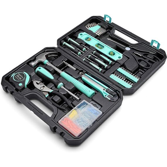 Amazon Basics 142-Teiliges Werkzeugkoffer, Werkzeugset für Haushaltsprojekte, Reparaturen und Heimwerkerarbeiten, Rutschfeste Griffe, 34,0cm x 23,5cm x 7,5cm, Türkis