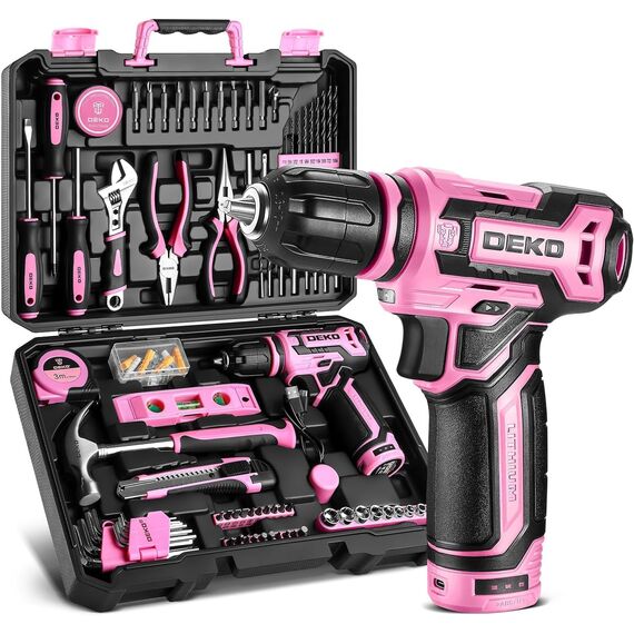 DEKO Werkzeugkoffer Gefüllt, 133-teilig Werkzeug Set für Reparaturen im Haushalt und Heimwerken, mit Bohrschrauber 12 V Akkuschrauber Bohren und Anziehen/Lösen von Schrauben, Rosa