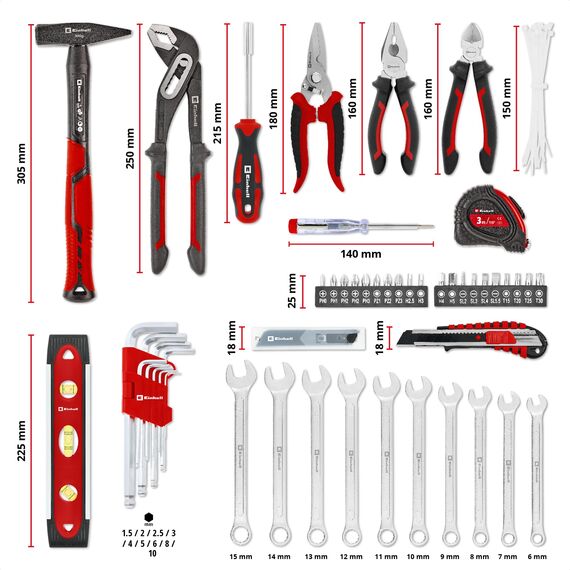 Original Einhell E-Case 79-tlg. Werkzeugkoffer Umzug (Schlosserhammer, Zangen, Bit-Zubehör, Abbrechklingenmesser, Maßband, Wasserwaage, Gabel-Ringschlüssel, Systemkoffer)