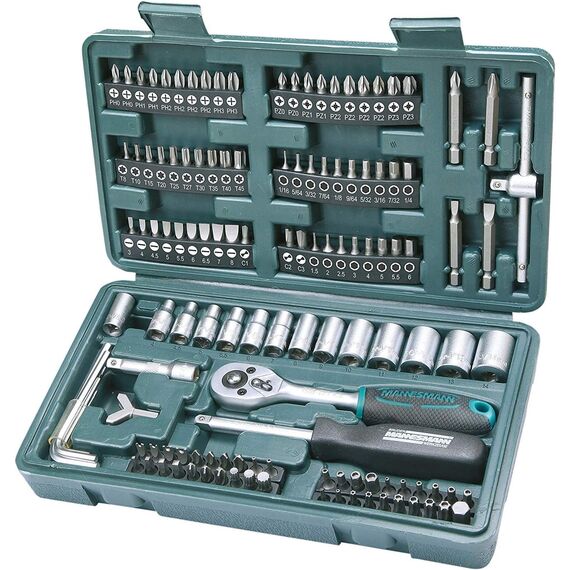 Brüder Mannesmann M29085 Premium Universal und Haushalts-Werkzeugkoffer, Blau, 89-tlg & M29166 130-tlg. Steckschlüssel- und Bitsatz