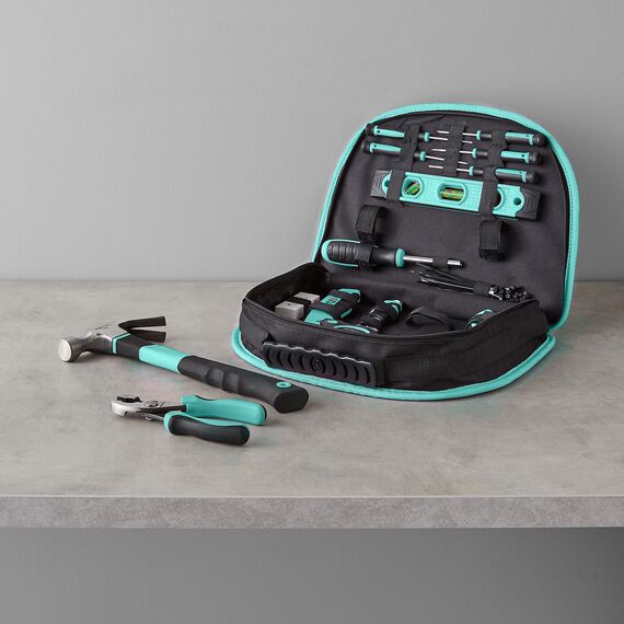 Amazon Basics Werkzeugset mit leicht zu tragender runder Tasche, 104-teilig, Türkis, 36,5 x 29 x 7,6 cm