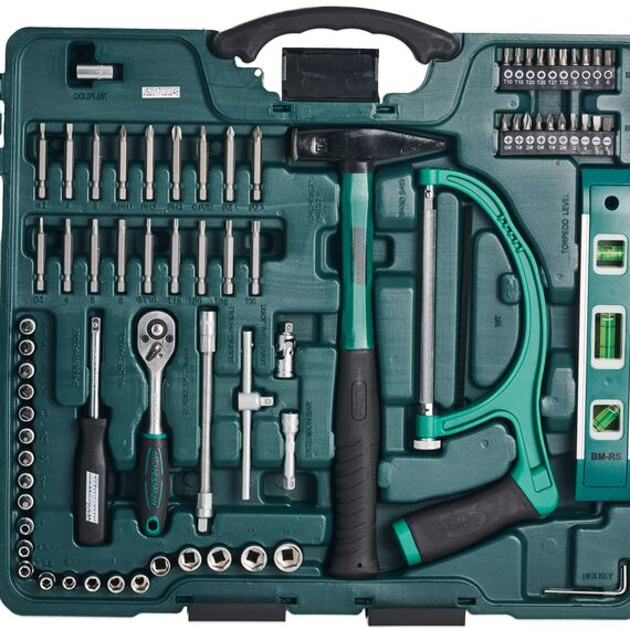 Brüder Mannesmann Haushalts-Werkzeugkoffer, 89-teilig - Universal-Werkzeugset mit Werkzeug aus Chrom-Vanadium-Stahl - inkl. Säge, Hammer, Zangen, Steckschlüssel, Umschaltknarre & Wasserwaage | M29085