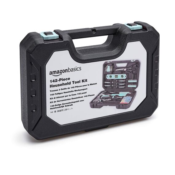 Amazon Basics 142-Teiliges Werkzeugkoffer, Werkzeugset für Haushaltsprojekte, Reparaturen und Heimwerkerarbeiten, Rutschfeste Griffe, 34,0cm x 23,5cm x 7,5cm, Türkis