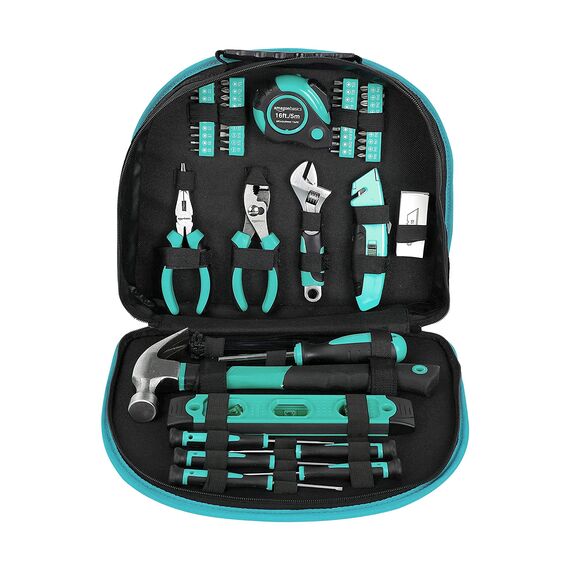 Amazon Basics Werkzeugset mit leicht zu tragender runder Tasche, 104-teilig, Türkis, 36,5 x 29 x 7,6 cm
