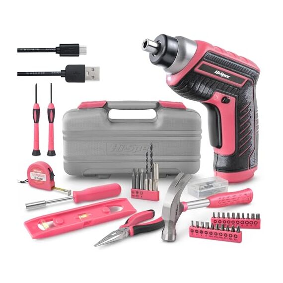 Hi-Spec 35-teiliges Pink-Rosa Heimwerker Werkzeug-set mit wiederaufladbarem USB-Akkuschrauber. Für Reparaturen und Wartungen in einem praktischen Werkzeugkoffer – Für Frauen und Mädchen