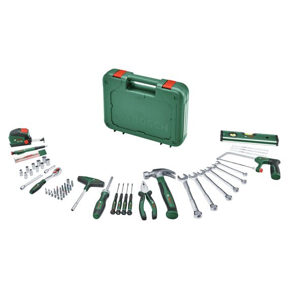 Bosch Werkzeug-Set 64-teilig (vielseitige, ergonomische Werkzeuge aus hochwertigen Materialien; Zange; Schraubenschlüssel; Schraubendreher; Ratsche; Messwerkzeuge; Säge; Hammer; Tieflochmarker)