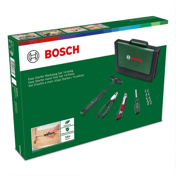 Bosch Easy Starter Handwerkzeug-Set, 14-teilig (Einstiegs-Werkzeug-Set für allgemeine Haushalts- und Heimwerkerarbeiten; Kombizange, Schraubendreher, Cuttermesser, Hammer; 10 Bits)